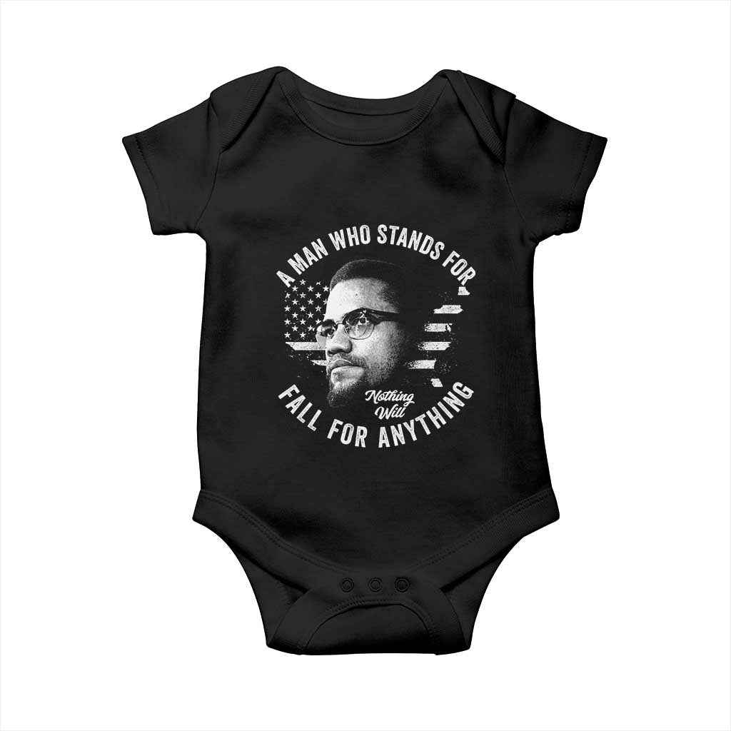 Malcolm X Baby Onesie A Man Who Stands For Nothing Will Fall For Anything American Flag TS11 Black Print Your Wear