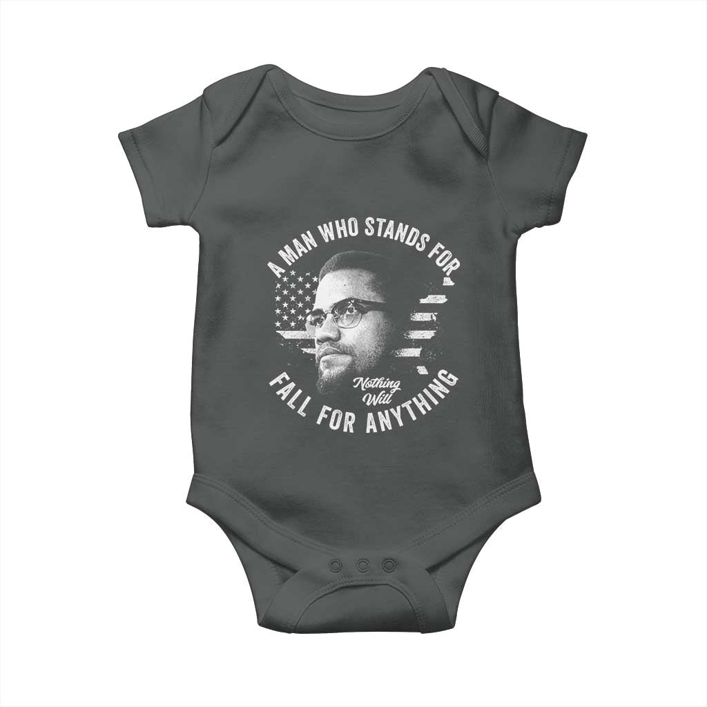Malcolm X Baby Onesie A Man Who Stands For Nothing Will Fall For Anything American Flag TS11 Dark Heather Print Your Wear