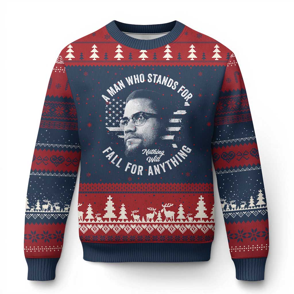 Malcolm X Ugly Christmas Sweater A Man Who Stands For Nothing Will Fall For Anything American Flag TS11 Navy Red Print Your Wear