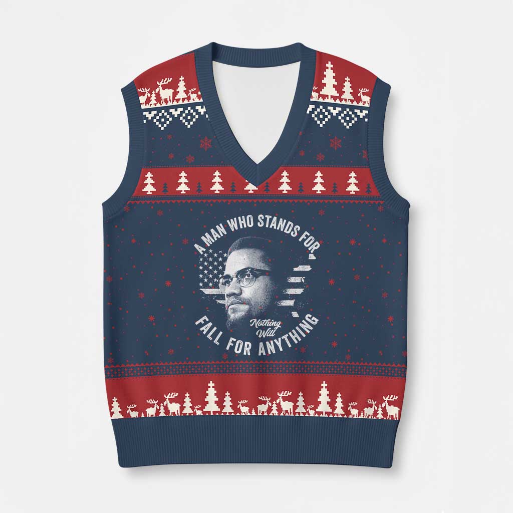 Malcolm X V-Neck Knit Sweater Vest A Man Who Stands For Nothing Will Fall For Anything American Flag TS11 Navy Red Print Your Wear