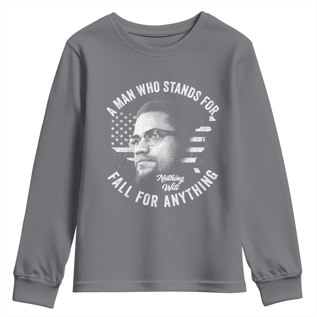 Malcolm X Youth Sweatshirt A Man Who Stands For Nothing Will Fall For Anything American Flag TS11 Charcoal Print Your Wear