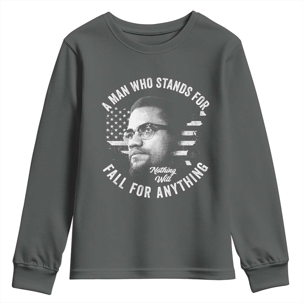 Malcolm X Youth Sweatshirt A Man Who Stands For Nothing Will Fall For Anything American Flag TS11 Dark Heather Print Your Wear