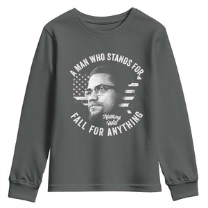 Malcolm X Youth Sweatshirt A Man Who Stands For Nothing Will Fall For Anything American Flag TS11 Dark Heather Print Your Wear