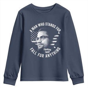 Malcolm X Youth Sweatshirt A Man Who Stands For Nothing Will Fall For Anything American Flag TS11 Navy Print Your Wear