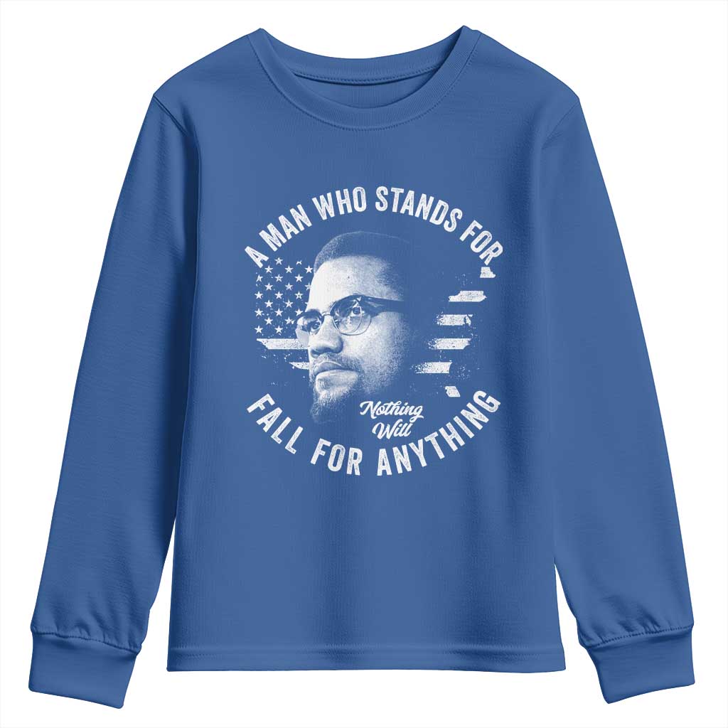 Malcolm X Youth Sweatshirt A Man Who Stands For Nothing Will Fall For Anything American Flag TS11 Royal Blue Print Your Wear