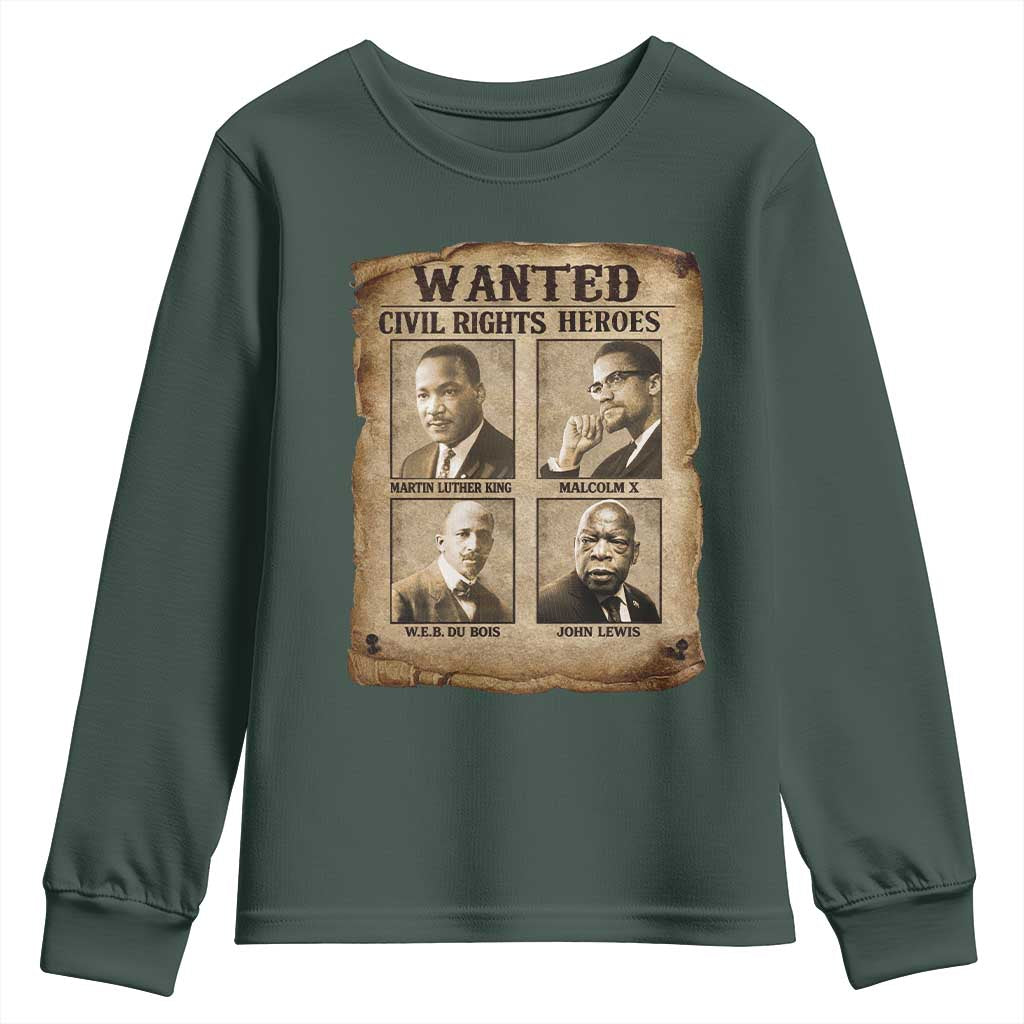 Black Leaders Youth Sweatshirt Wanted Civil Rights Heroes MLK Malcolm X Web John Lewis TS11 Dark Forest Green Print Your Wear