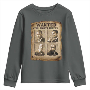 Black Leaders Youth Sweatshirt Wanted Civil Rights Heroes MLK Malcolm X Web John Lewis TS11 Dark Heather Print Your Wear