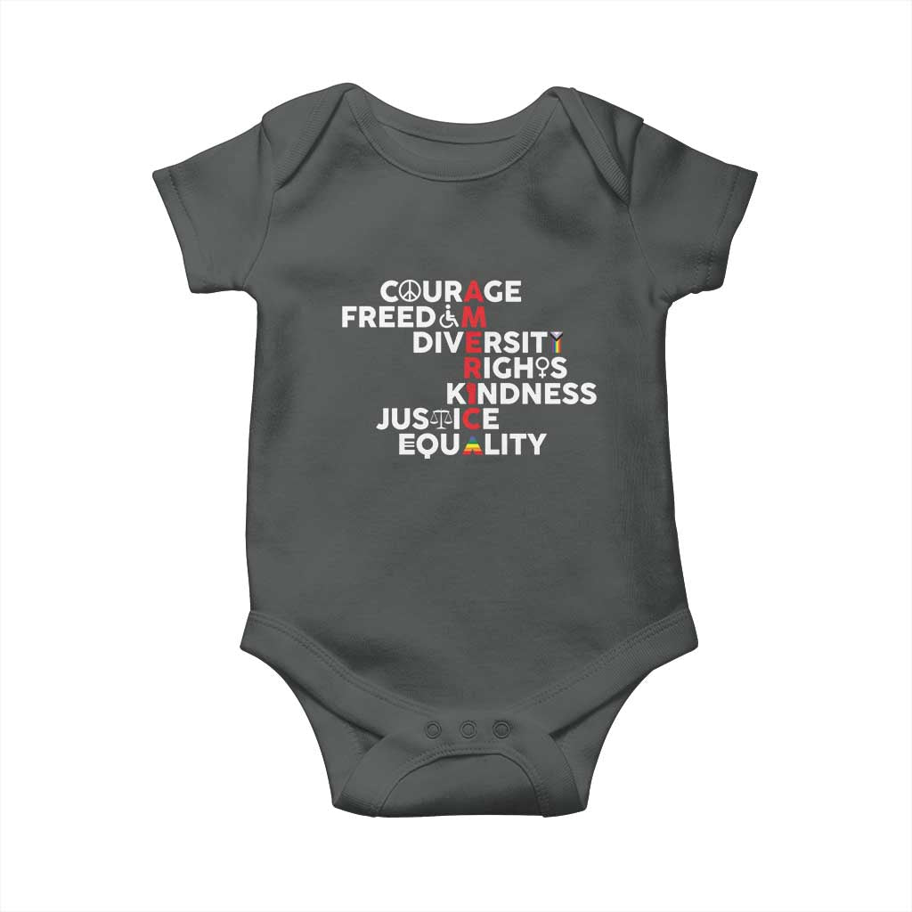 America Courage Freedom Diversity Rights Friendship Justice Baby Onesie TS11 Dark Heather Print Your Wear