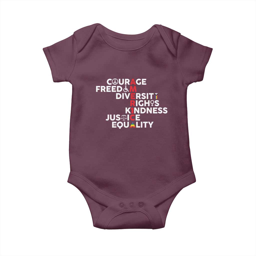 America Courage Freedom Diversity Rights Friendship Justice Baby Onesie TS11 Maroon Print Your Wear