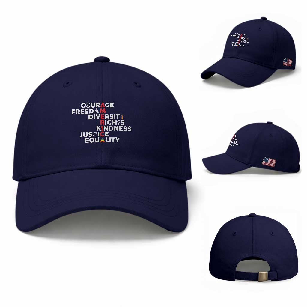 America Courage Freedom Diversity Rights Friendship Justice Baseball Cap TS11 Baseball Cap Universal Fit Dark Blue Print Your Wear
