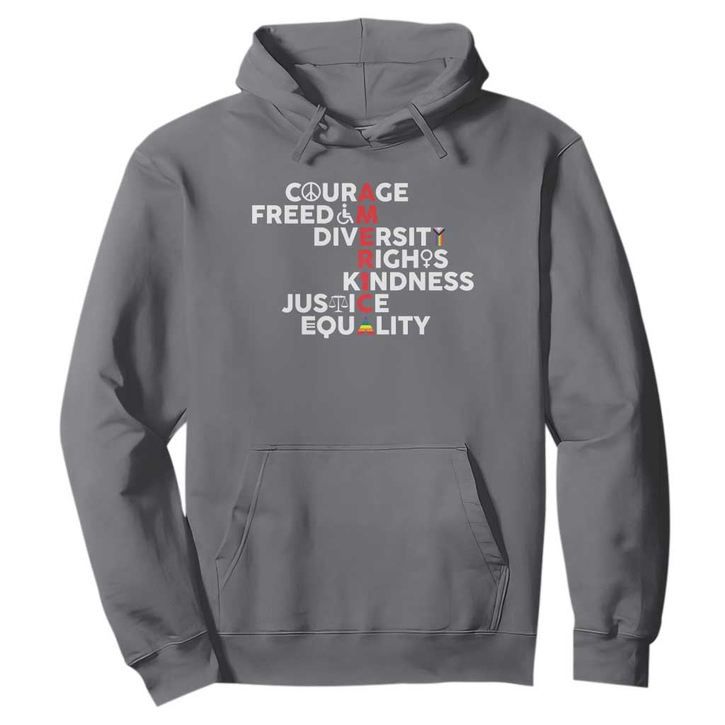 America Courage Freedom Diversity Rights Friendship Justice Hoodie TS11 Charcoal Print Your Wear