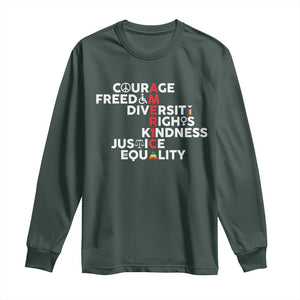 America Courage Freedom Diversity Rights Friendship Justice Long Sleeve Shirt TS11 Dark Forest Green Print Your Wear