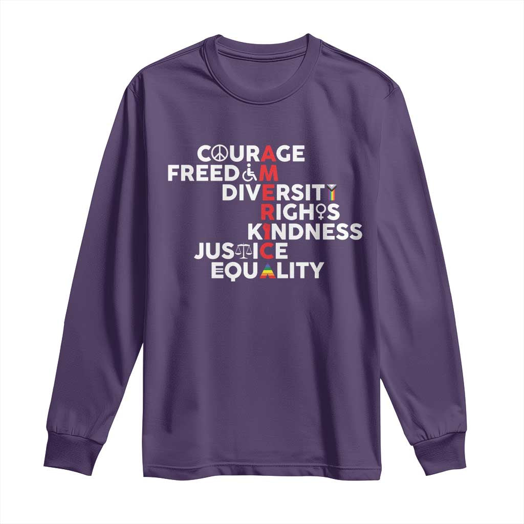 America Courage Freedom Diversity Rights Friendship Justice Long Sleeve Shirt TS11 Purple Print Your Wear