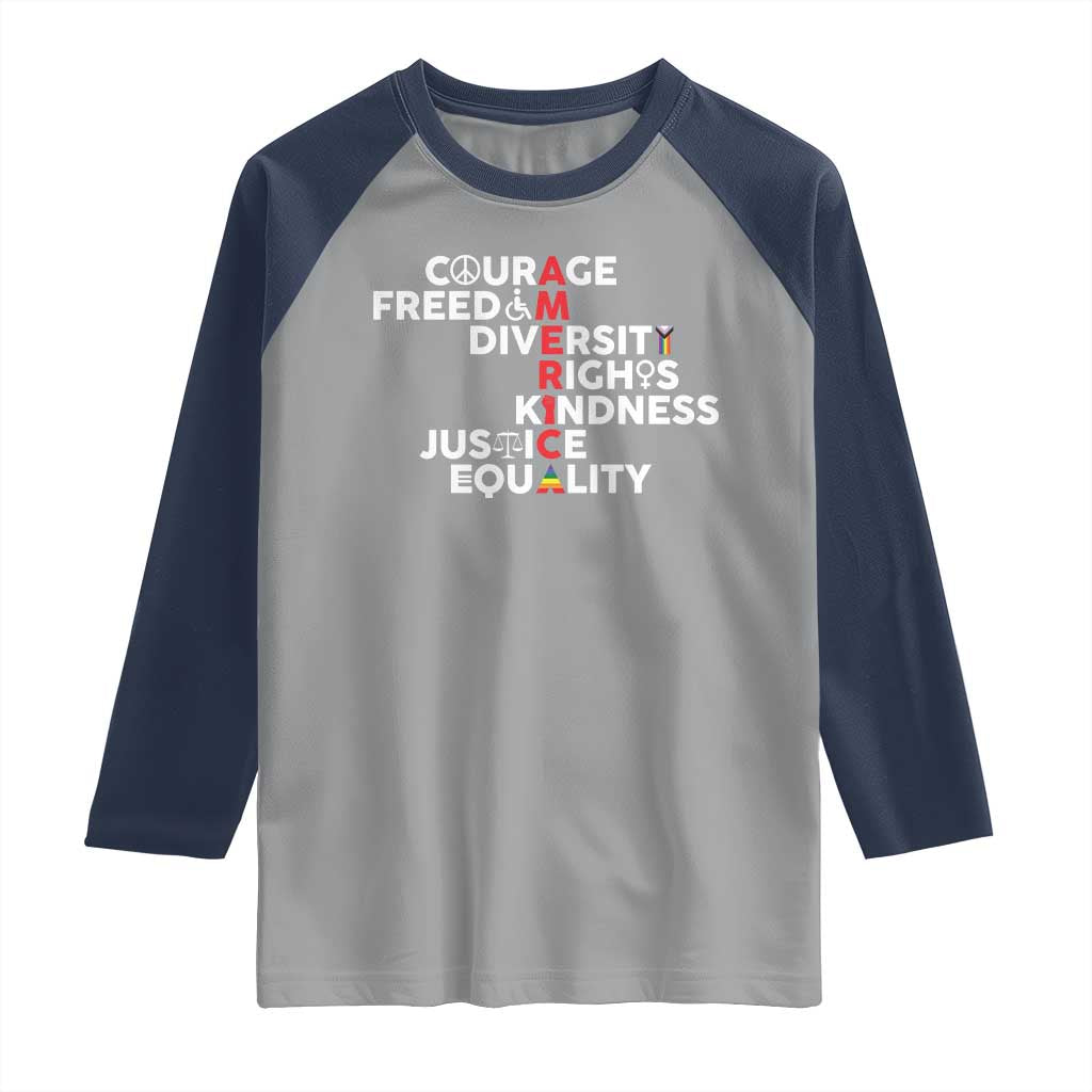 America Courage Freedom Diversity Rights Friendship Justice Raglan Shirt TS11 Sport Gray Navy Print Your Wear