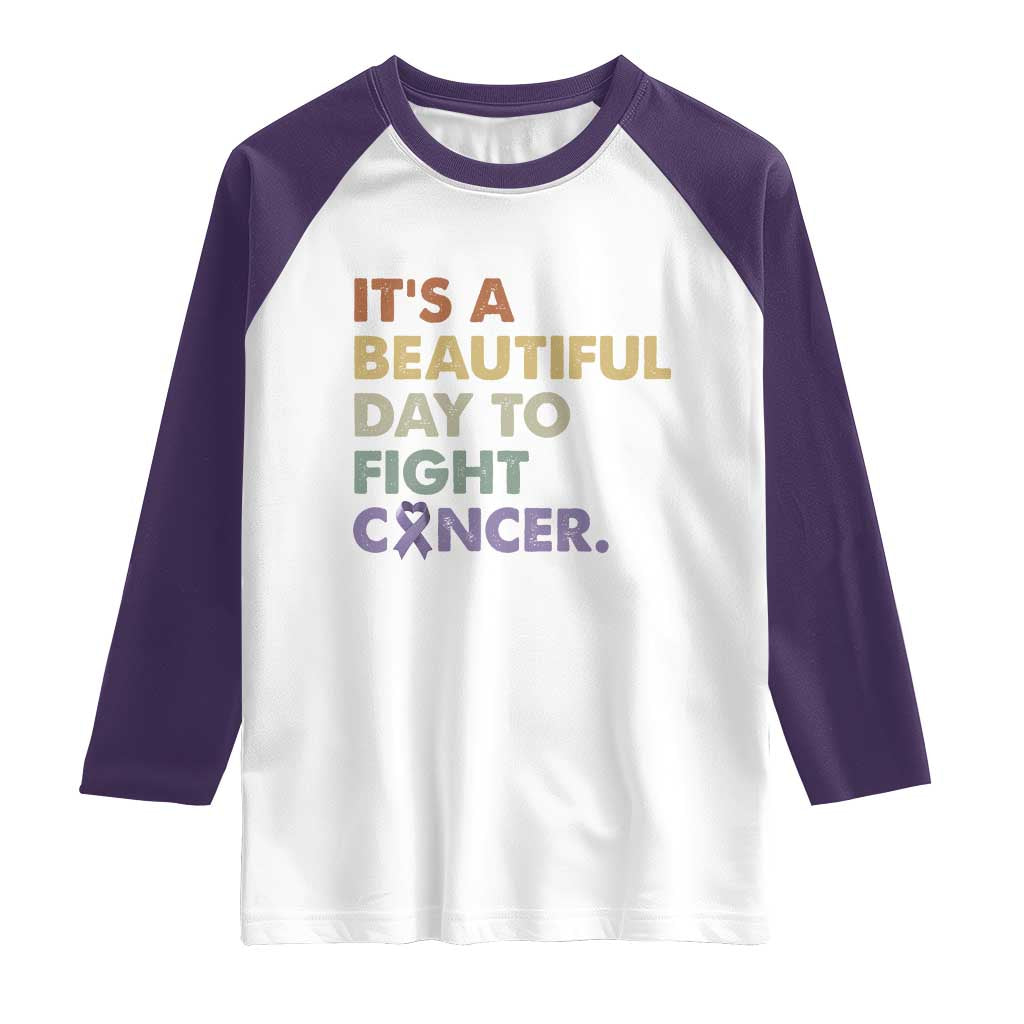 All Cancer Awareness Raglan Shirt It's A Beautiful Day To Fight Cancer Lavender Ribbon TS11 White Purple Print Your Wear