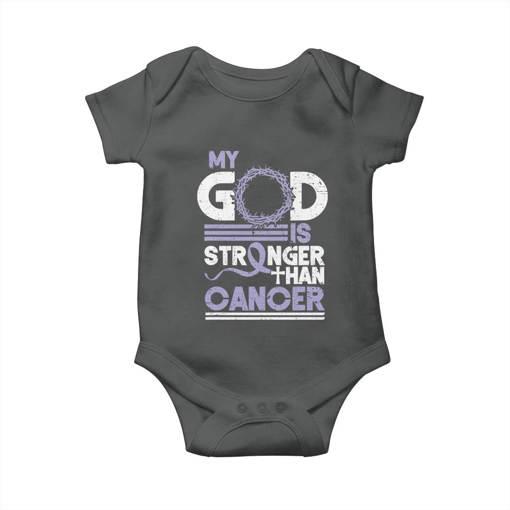 All Cancer Awareness Baby Onesie My God Is Stronger Than Cancer Lavender Ribbon TS11 Dark Heather Print Your Wear