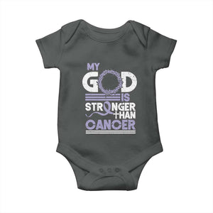 All Cancer Awareness Baby Onesie My God Is Stronger Than Cancer Lavender Ribbon TS11 Dark Heather Print Your Wear
