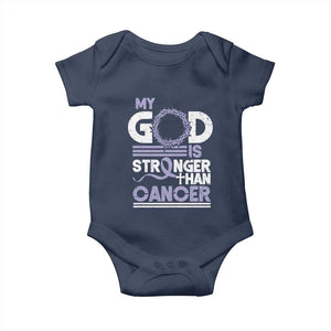 All Cancer Awareness Baby Onesie My God Is Stronger Than Cancer Lavender Ribbon TS11 Navy Print Your Wear