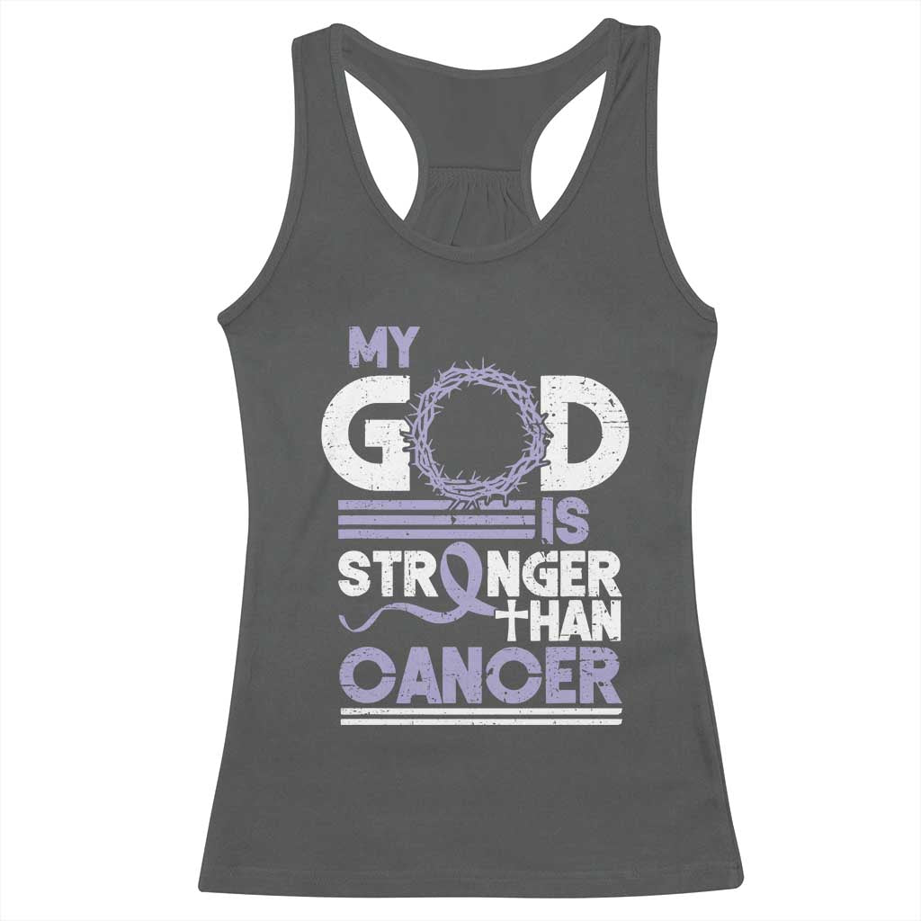 All Cancer Awareness Racerback Tank Top My God Is Stronger Than Cancer Lavender Ribbon TS11 Dark Heather Print Your Wear