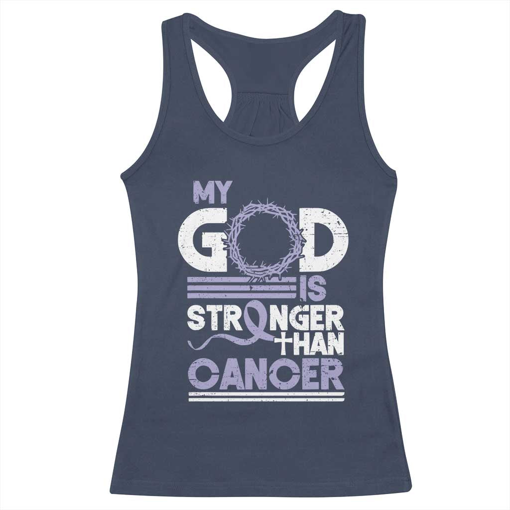 All Cancer Awareness Racerback Tank Top My God Is Stronger Than Cancer Lavender Ribbon TS11 Navy Print Your Wear