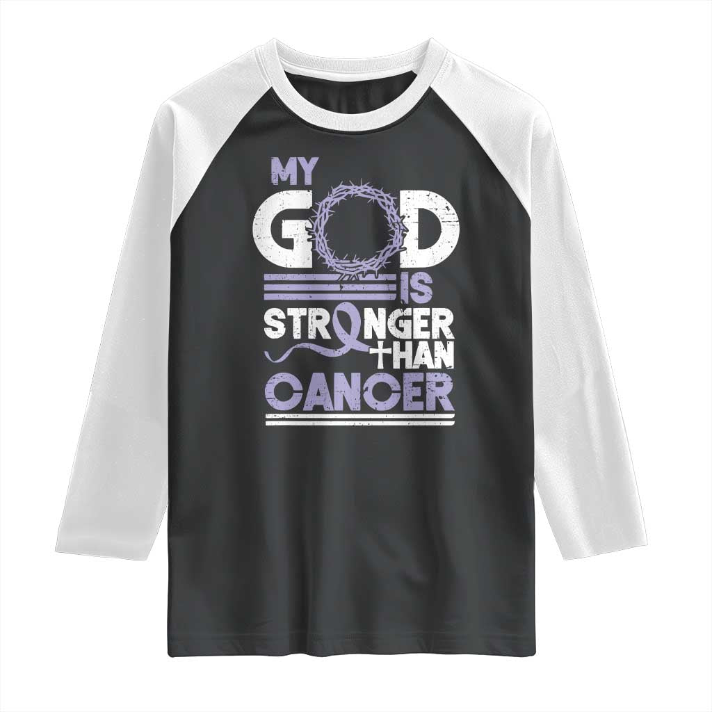 All Cancer Awareness Raglan Shirt My God Is Stronger Than Cancer Lavender Ribbon TS11 Black White Print Your Wear
