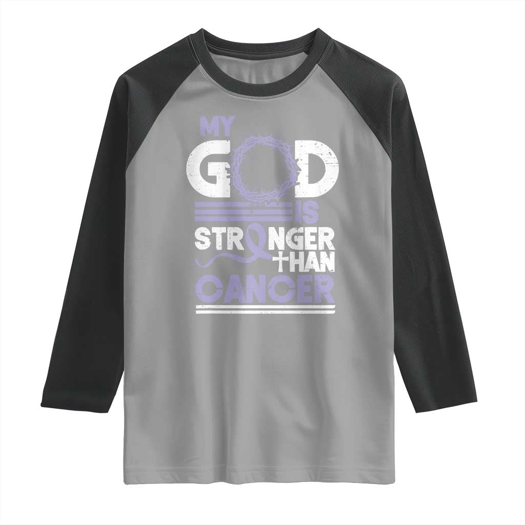 All Cancer Awareness Raglan Shirt My God Is Stronger Than Cancer Lavender Ribbon TS11 Sport Gray Black Print Your Wear