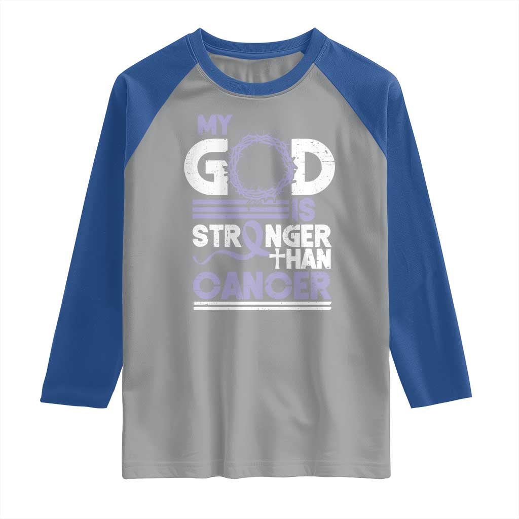 All Cancer Awareness Raglan Shirt My God Is Stronger Than Cancer Lavender Ribbon TS11 Sport Gray Royal Print Your Wear