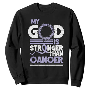 All Cancer Awareness Sweatshirt My God Is Stronger Than Cancer Lavender Ribbon TS11 Black Print Your Wear