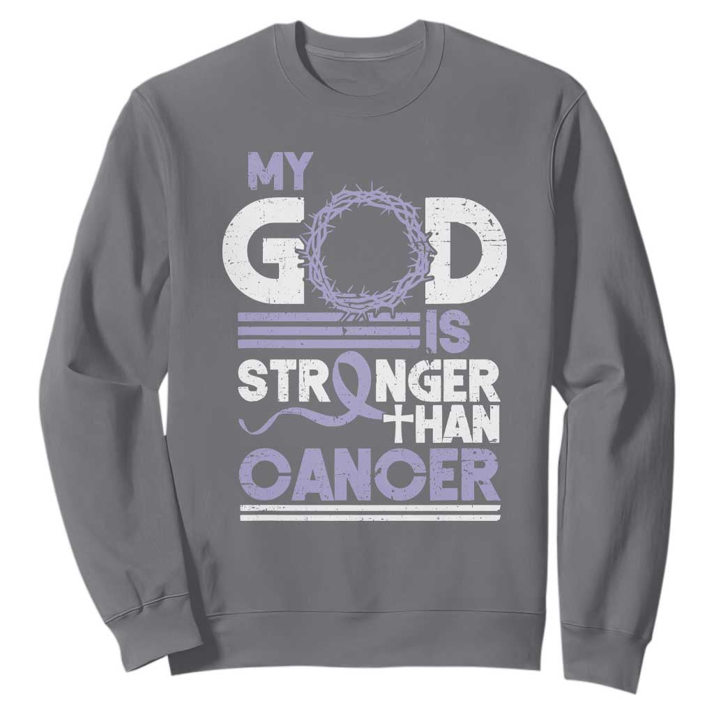 All Cancer Awareness Sweatshirt My God Is Stronger Than Cancer Lavender Ribbon TS11 Charcoal Print Your Wear