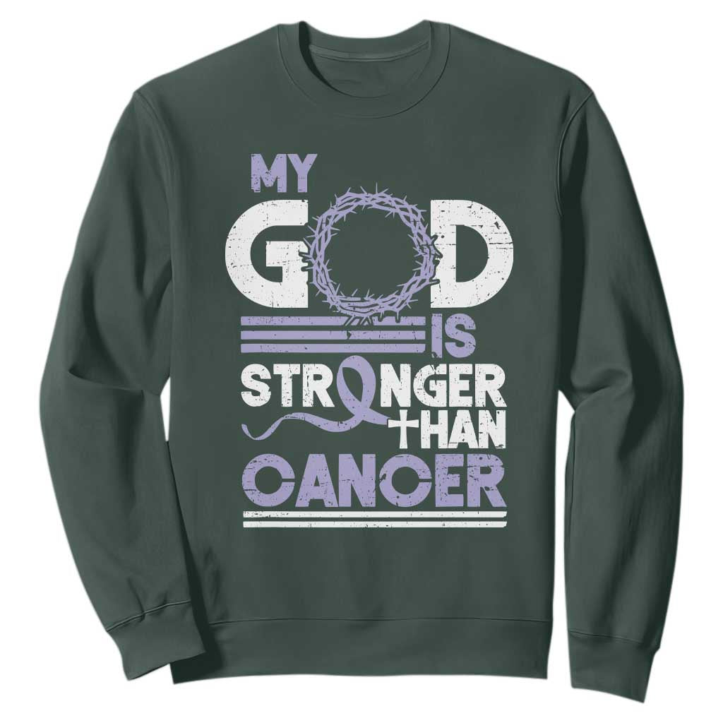 All Cancer Awareness Sweatshirt My God Is Stronger Than Cancer Lavender Ribbon TS11 Dark Forest Green Print Your Wear
