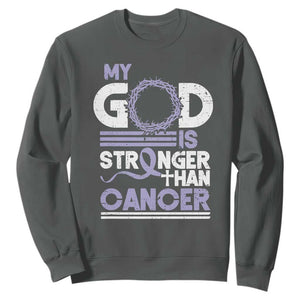 All Cancer Awareness Sweatshirt My God Is Stronger Than Cancer Lavender Ribbon TS11 Dark Heather Print Your Wear