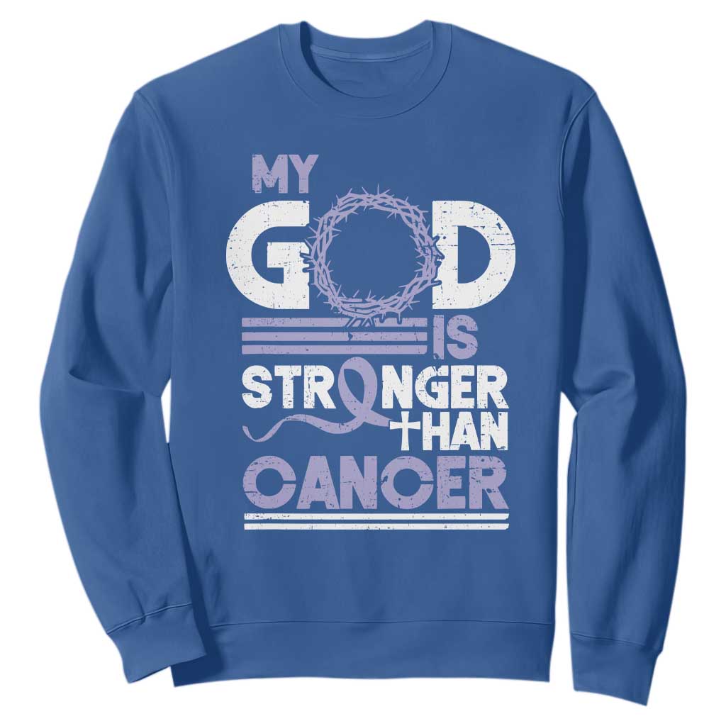 All Cancer Awareness Sweatshirt My God Is Stronger Than Cancer Lavender Ribbon TS11 Royal Blue Print Your Wear