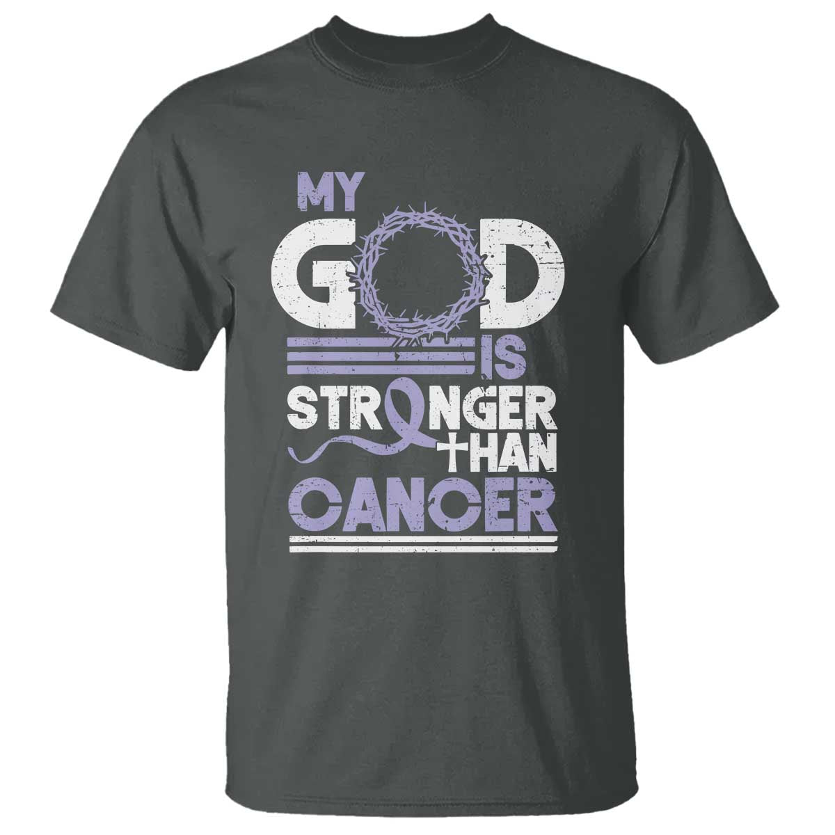 All Cancer Awareness T Shirt My God Is Stronger Than Cancer Lavender Ribbon TS11 Dark Heather Print Your Wear