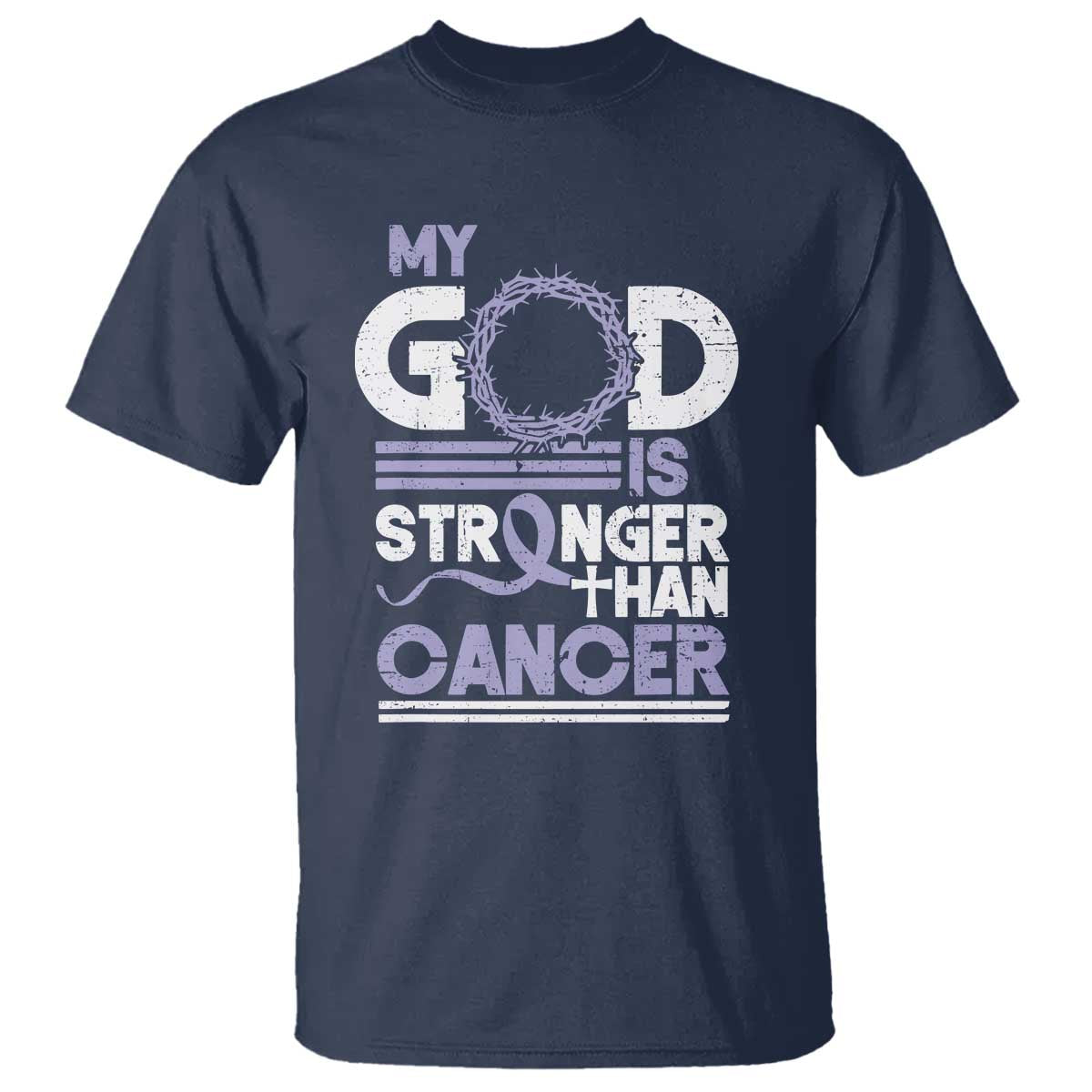 All Cancer Awareness T Shirt My God Is Stronger Than Cancer Lavender Ribbon TS11 Navy Print Your Wear