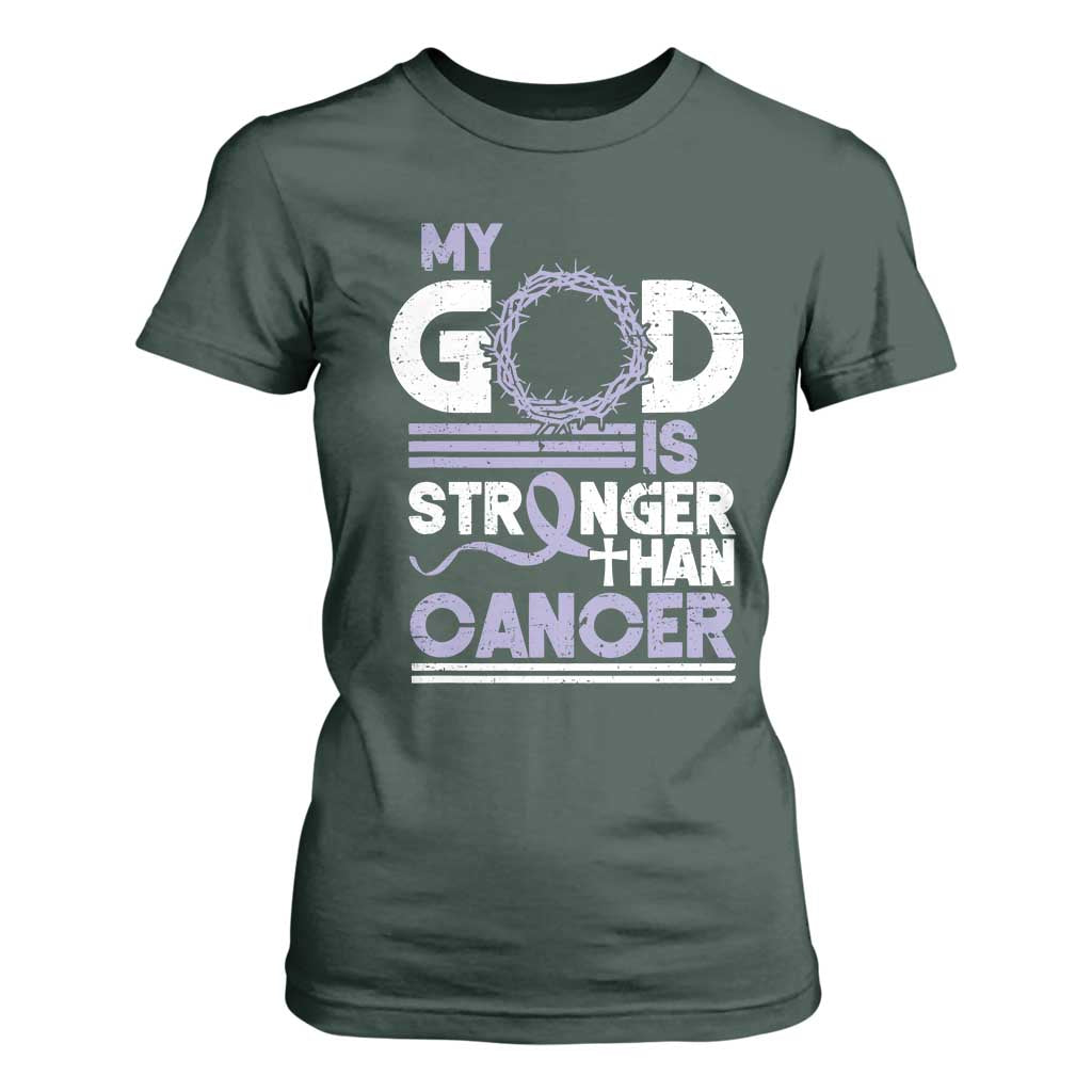 All Cancer Awareness T Shirt For Women My God Is Stronger Than Cancer Lavender Ribbon TS11 Dark Forest Green Print Your Wear