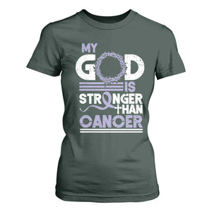 All Cancer Awareness T Shirt For Women My God Is Stronger Than Cancer Lavender Ribbon TS11 Dark Forest Green Print Your Wear