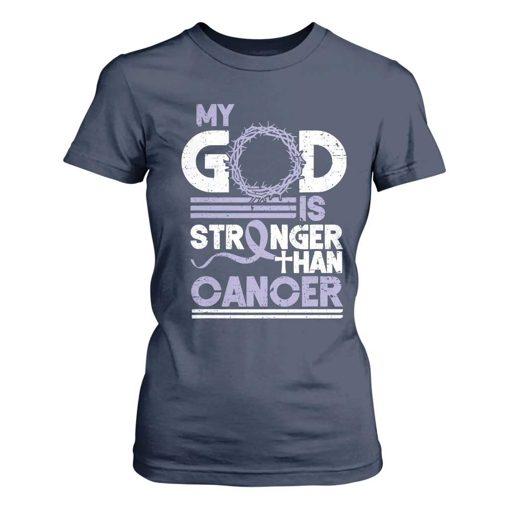 All Cancer Awareness T Shirt For Women My God Is Stronger Than Cancer Lavender Ribbon TS11 Navy Print Your Wear