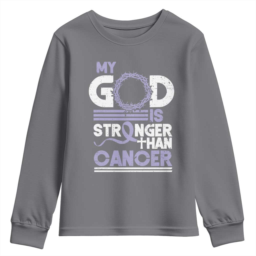 All Cancer Awareness Youth Sweatshirt My God Is Stronger Than Cancer Lavender Ribbon TS11 Charcoal Print Your Wear
