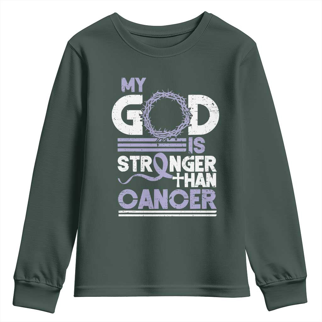 All Cancer Awareness Youth Sweatshirt My God Is Stronger Than Cancer Lavender Ribbon TS11 Dark Forest Green Print Your Wear
