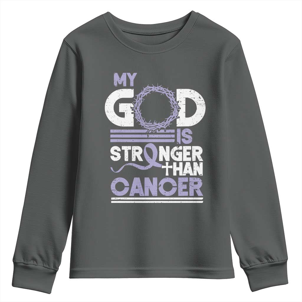 All Cancer Awareness Youth Sweatshirt My God Is Stronger Than Cancer Lavender Ribbon TS11 Dark Heather Print Your Wear