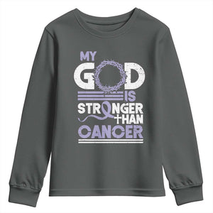 All Cancer Awareness Youth Sweatshirt My God Is Stronger Than Cancer Lavender Ribbon TS11 Dark Heather Print Your Wear
