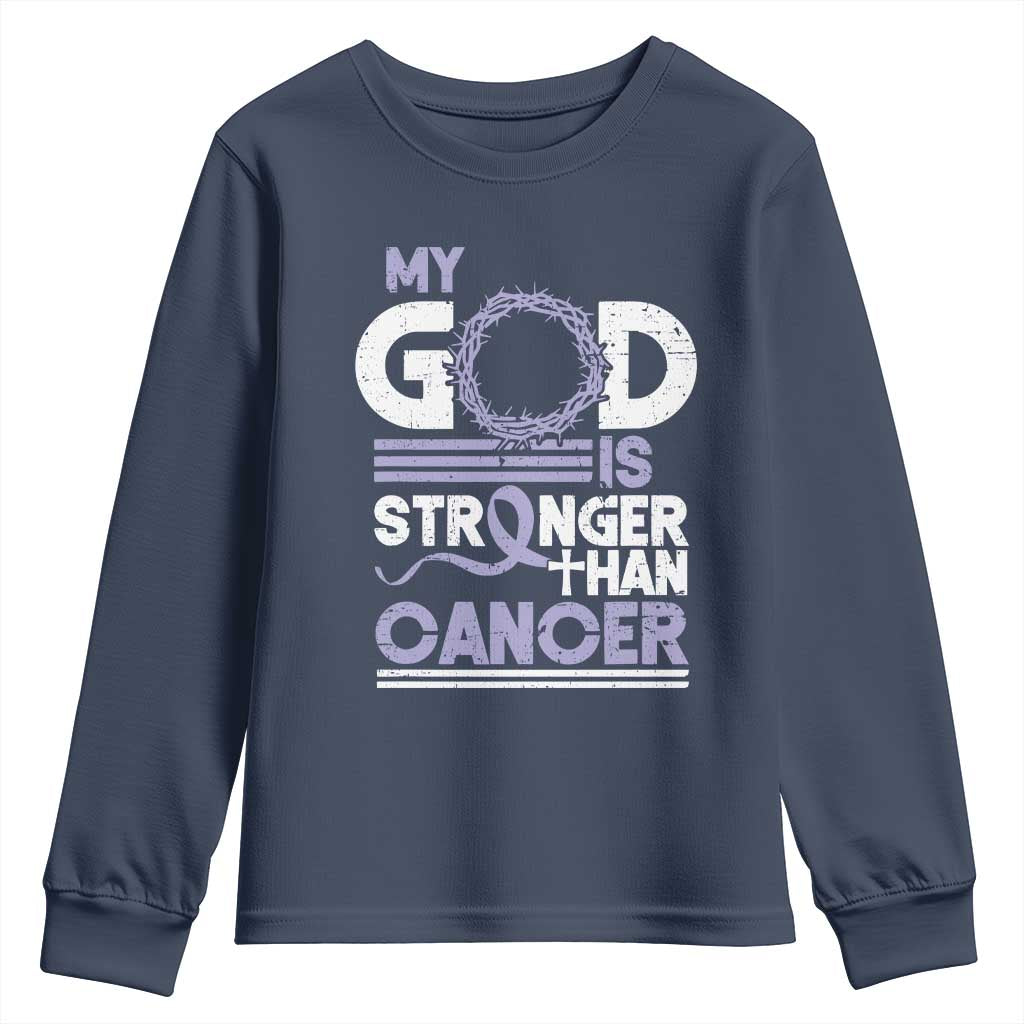 All Cancer Awareness Youth Sweatshirt My God Is Stronger Than Cancer Lavender Ribbon TS11 Navy Print Your Wear