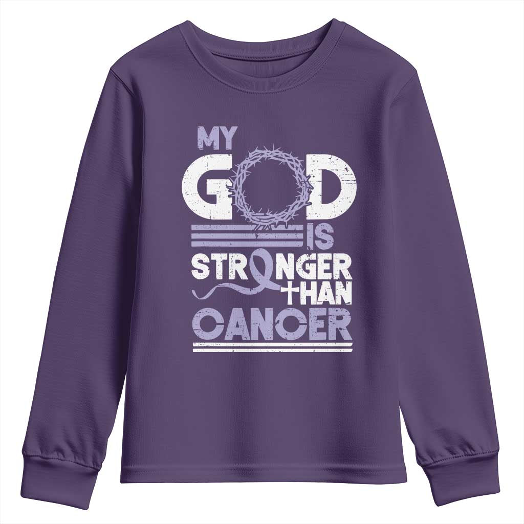 All Cancer Awareness Youth Sweatshirt My God Is Stronger Than Cancer Lavender Ribbon TS11 Purple Print Your Wear