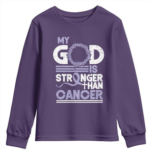 All Cancer Awareness Youth Sweatshirt My God Is Stronger Than Cancer Lavender Ribbon TS11 Purple Print Your Wear
