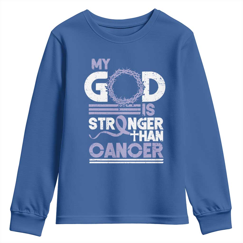 All Cancer Awareness Youth Sweatshirt My God Is Stronger Than Cancer Lavender Ribbon TS11 Royal Blue Print Your Wear