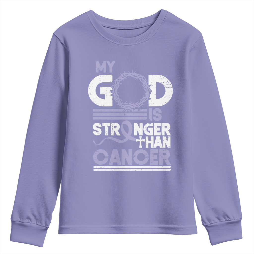 All Cancer Awareness Youth Sweatshirt My God Is Stronger Than Cancer Lavender Ribbon TS11 Violet Print Your Wear