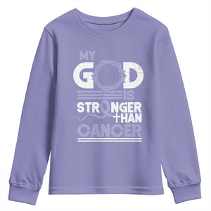 All Cancer Awareness Youth Sweatshirt My God Is Stronger Than Cancer Lavender Ribbon TS11 Violet Print Your Wear