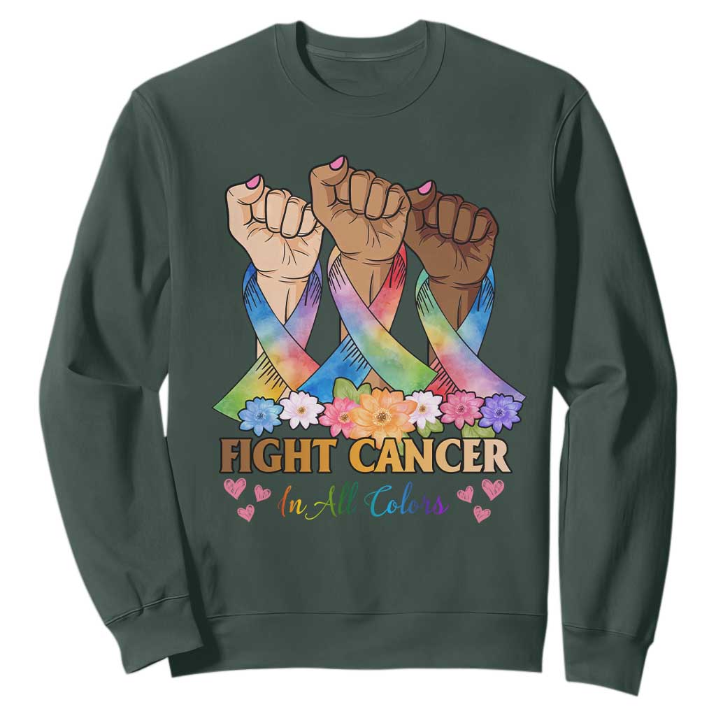 Funny All Cancer Awareness Sweatshirt Fight Cancer In All Colors Colorful Ribbon TS11 Dark Forest Green Print Your Wear