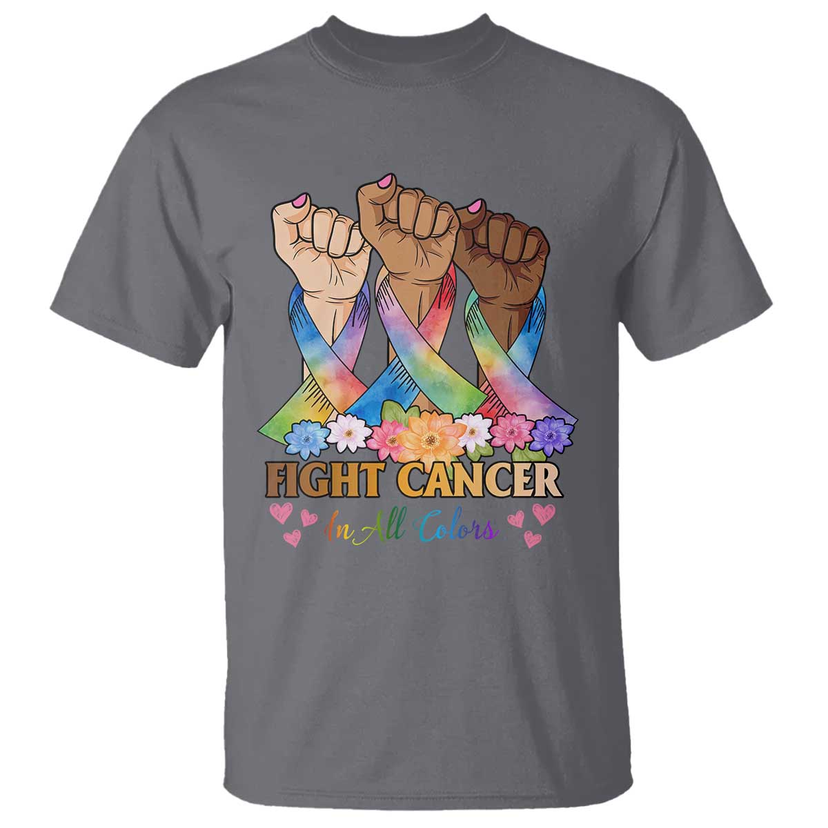 Funny All Cancer Awareness T Shirt Fight Cancer In All Colors Colorful Ribbon TS11 Charcoal Print Your Wear