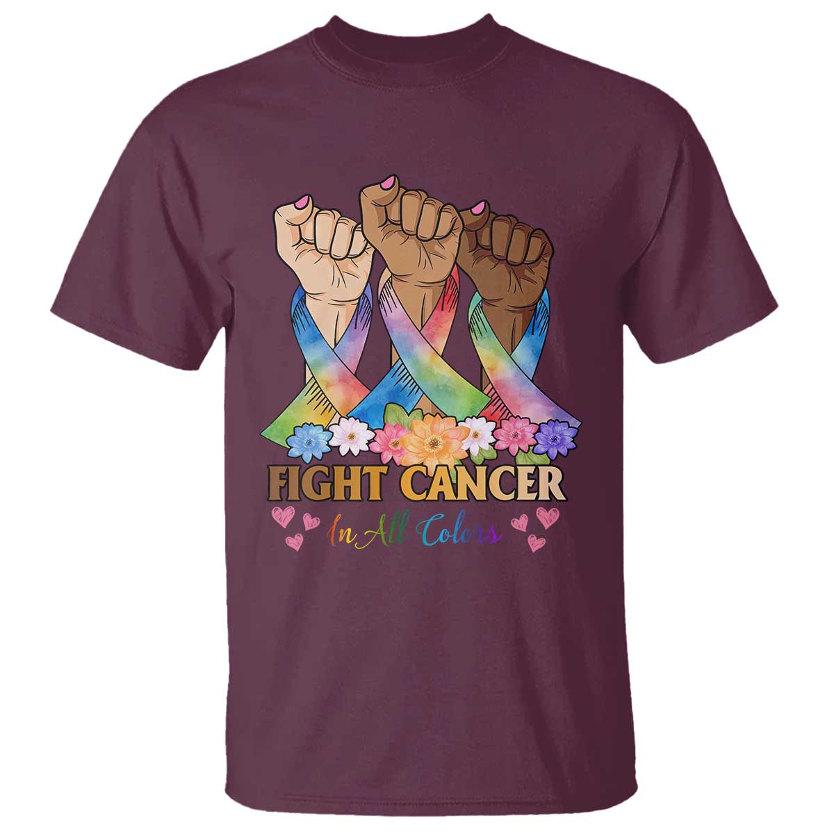 Funny All Cancer Awareness T Shirt Fight Cancer In All Colors Colorful Ribbon TS11 Maroon Print Your Wear